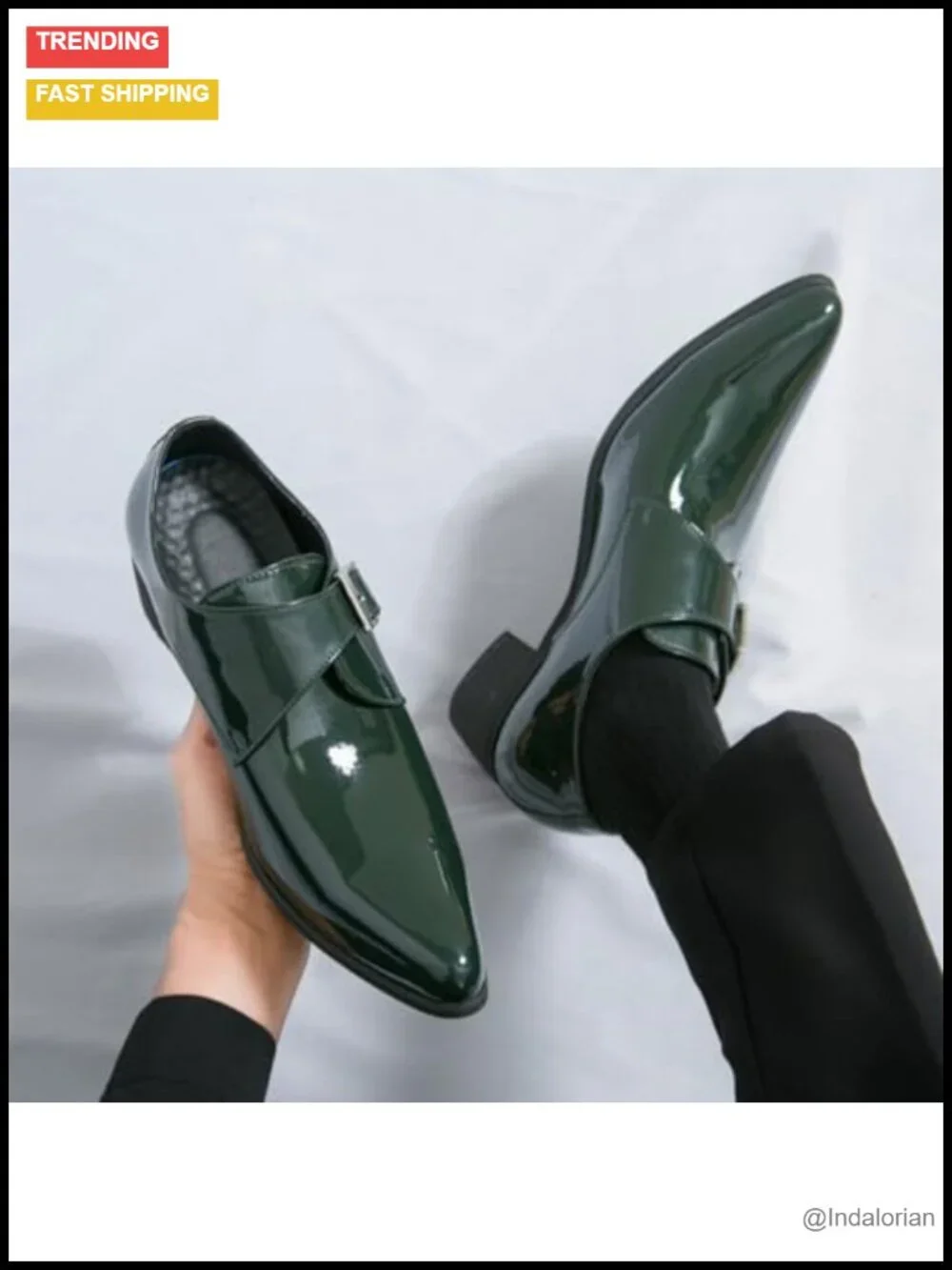 Patent Leather Chunky Heel Monk Strap Loafers Pointed Toe Dress Shoes Men's